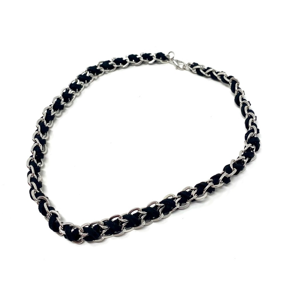 New Free People Silver Chain Braided Choker Necklace Black Textile